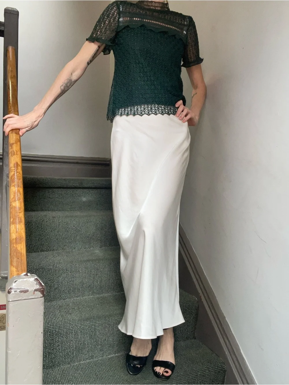 +Video New. Cream Satin Maxi Slip Skirt